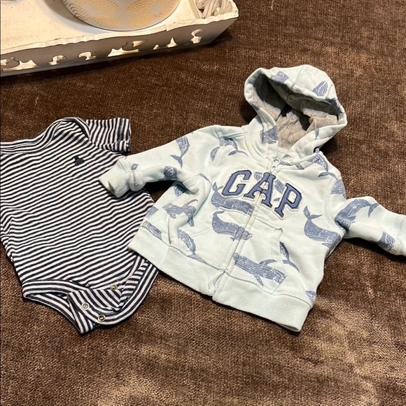 GAP Other - Baby GAP Blue Striped Onesie & Whale Print Cozy Hoodie- Size 0-3 Months